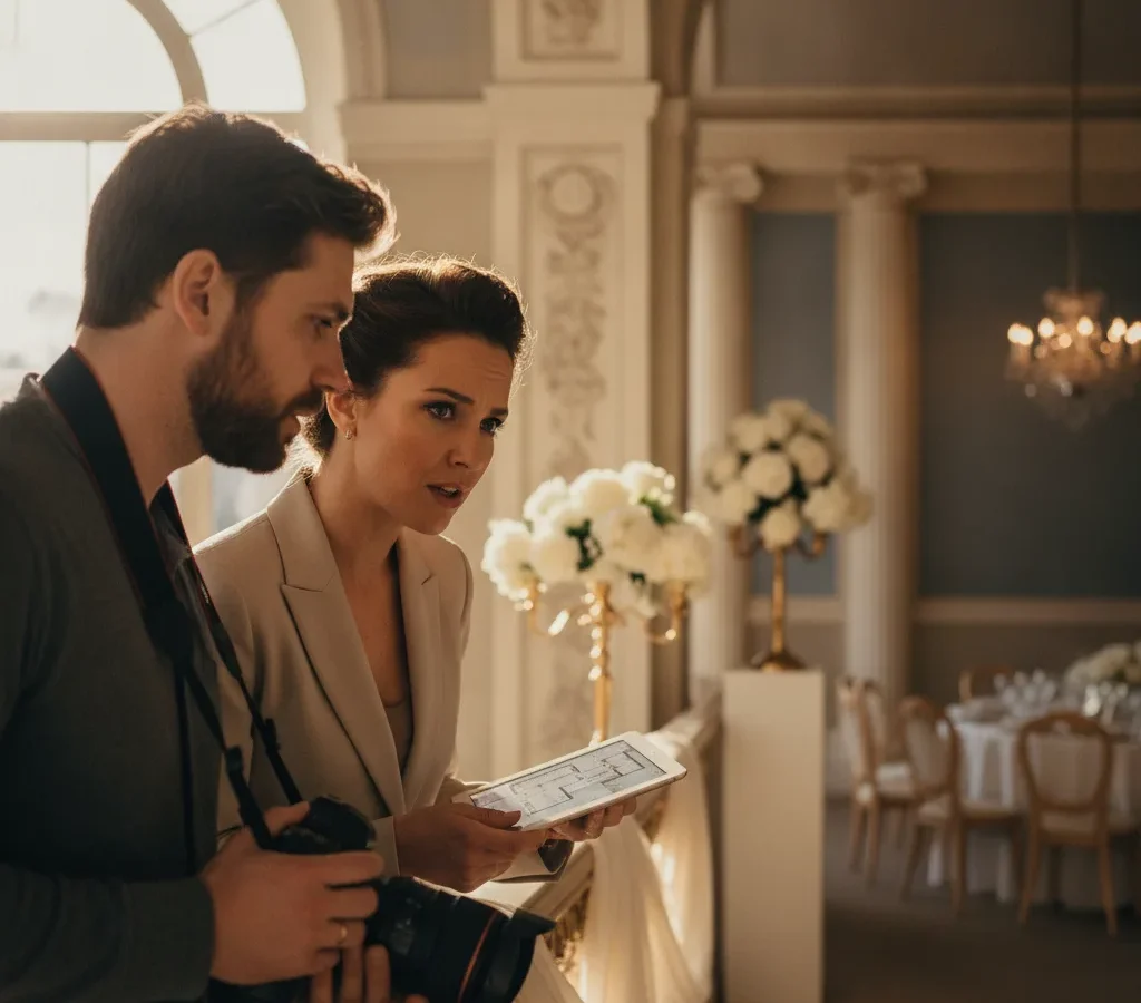 Repérage technique en équipe avec la Wedding Planner