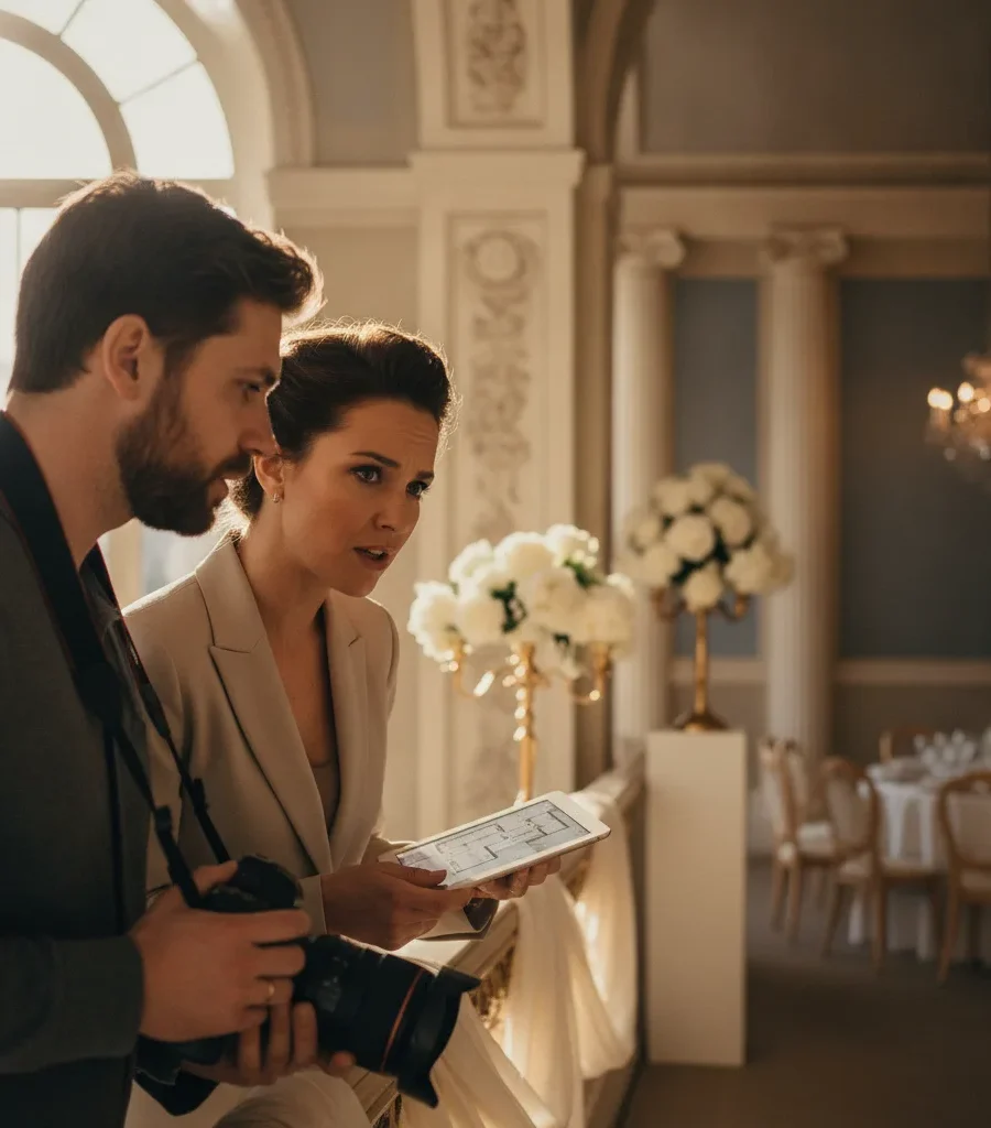 Repérage technique en équipe avec la Wedding Planner